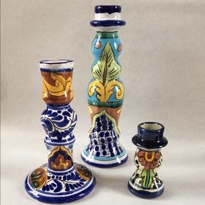 Set of 3 Mexican Talavera Candlestick Holders